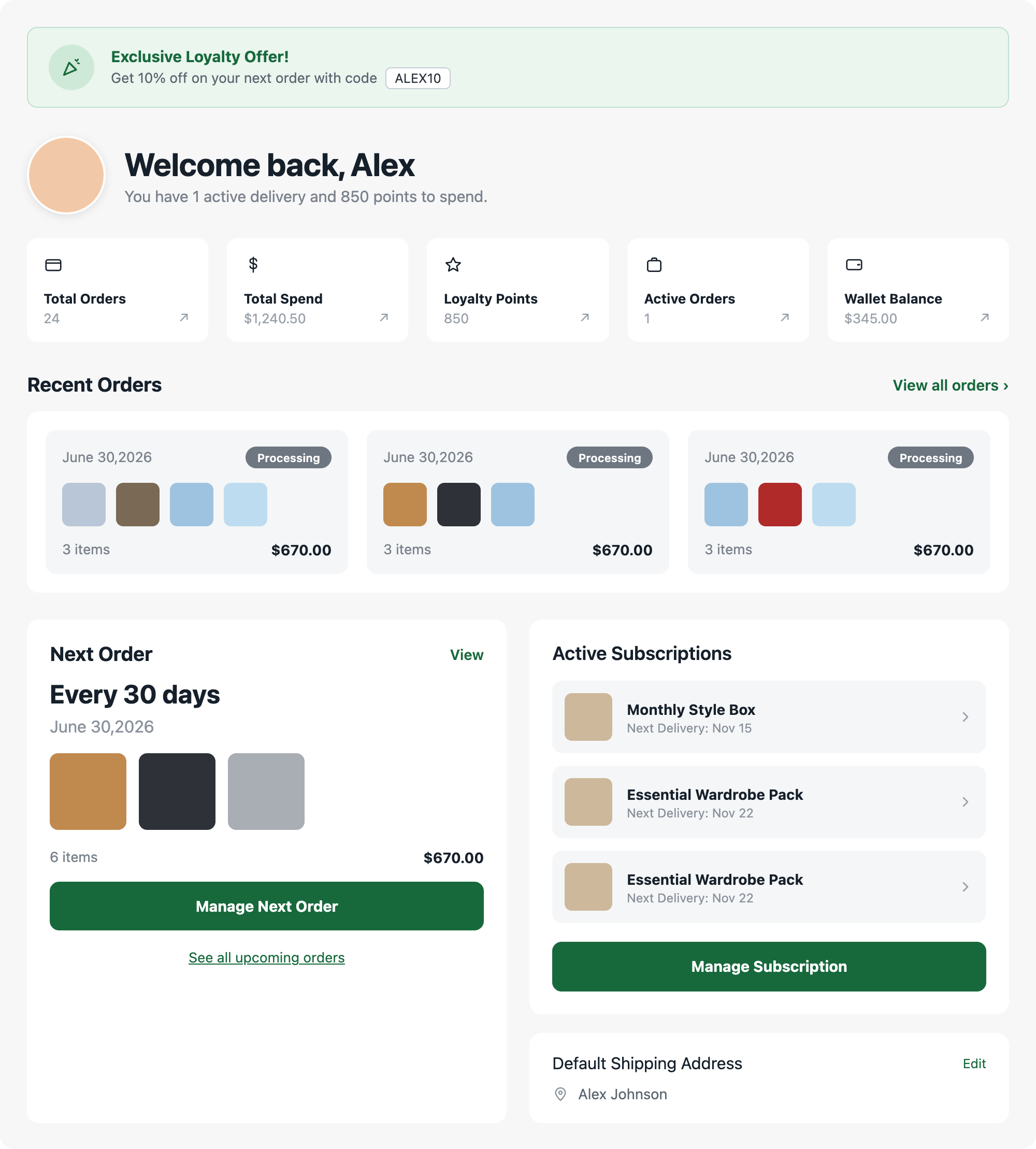 A branded Shopify customer dashboard showing stats, recent orders, subscriptions, and a loyalty offer