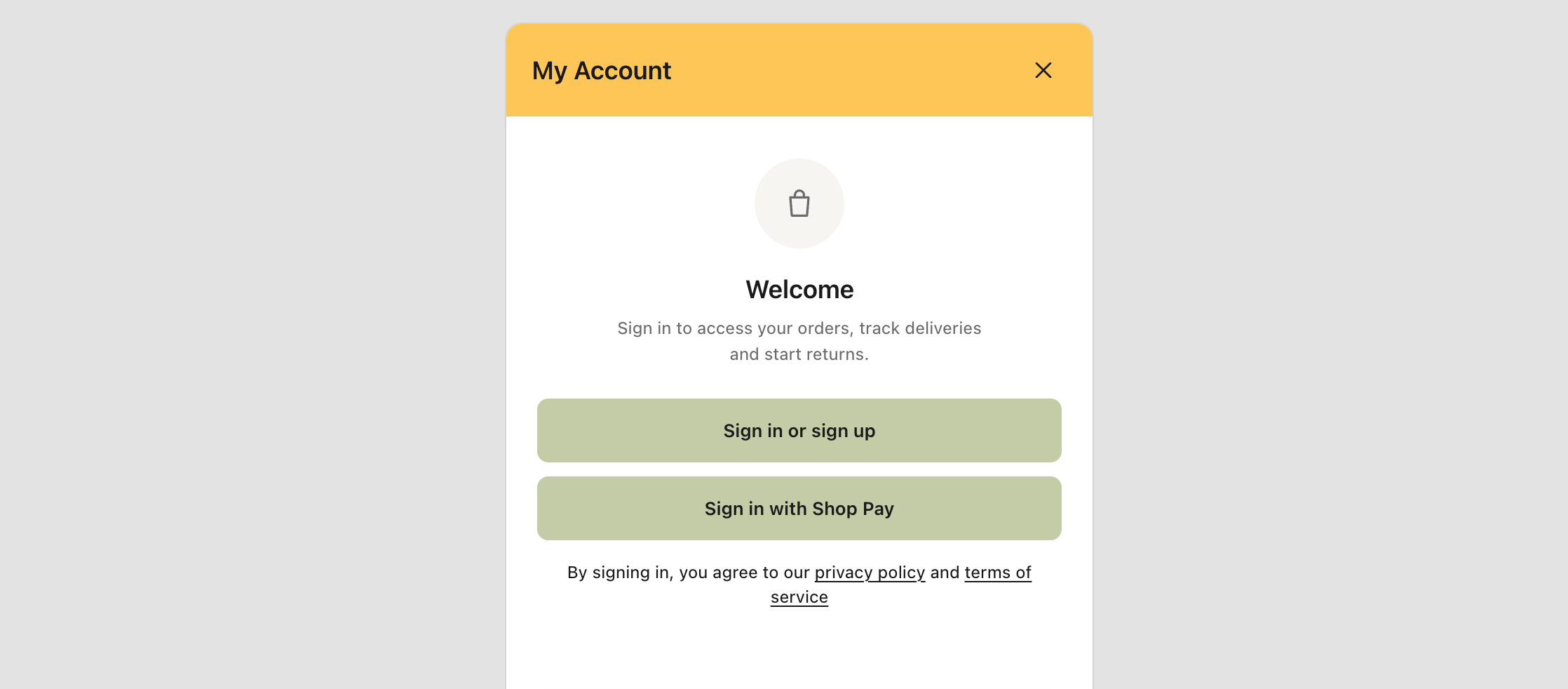 The before login quick dashboard panel with a welcome message and passwordless sign-in options