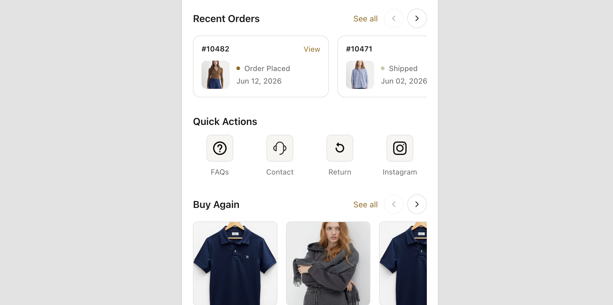 The quick dashboard panel showing recent orders with status, quick actions and a buy again row