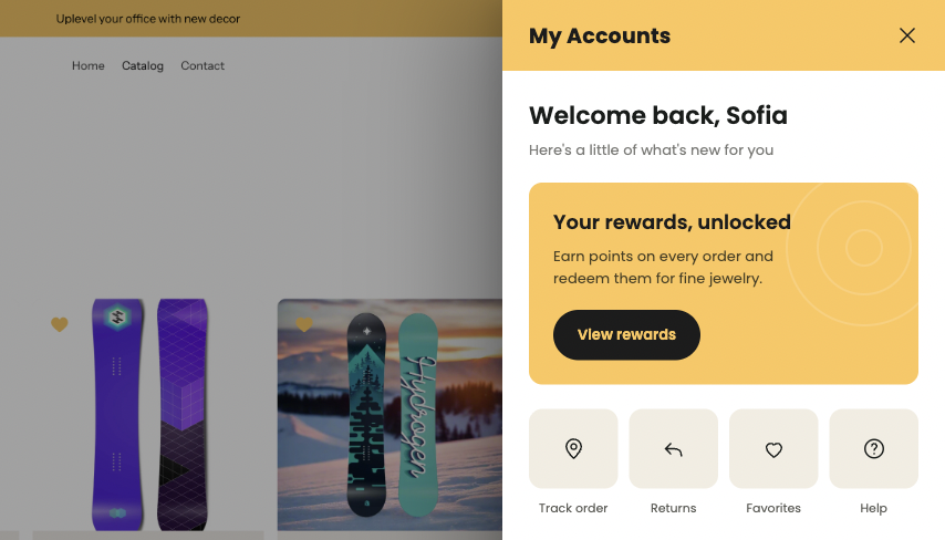 The quick customer dashboard side panel open over a Shopify storefront showing a welcome message, rewards and quick actions