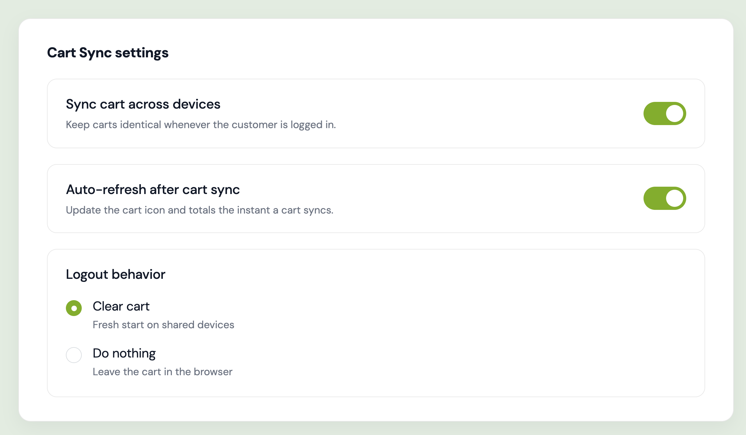 The Accofy Cart Sync settings screen showing toggles for sync cart across devices, auto-refresh after cart sync, and logout behavior set to clear cart or do nothing