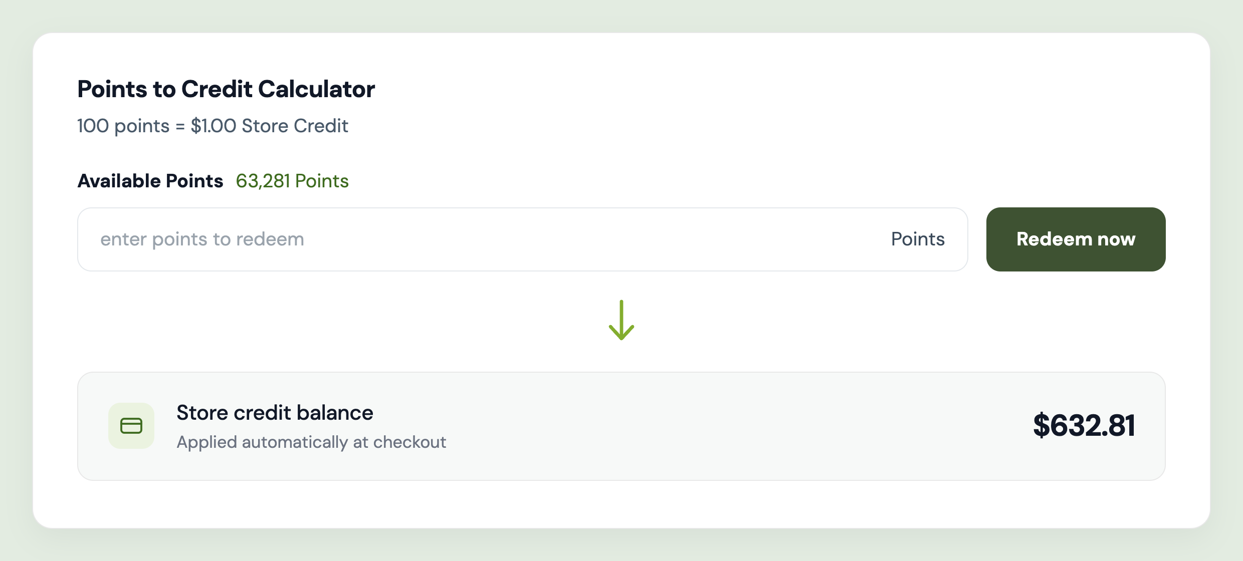 Points to store credit calculator